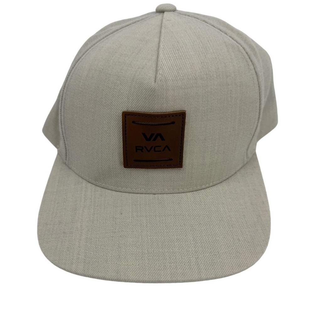 RVCA Mens Snapback Hat Tan Stone Brown Leather Logo Patch Mid Fit Cap